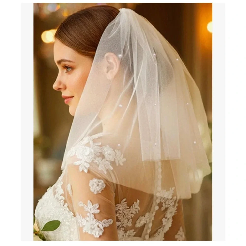 White Two Tier Pearl Bridal Veil Shoulder Length Tulle Wedding Accessory NEW